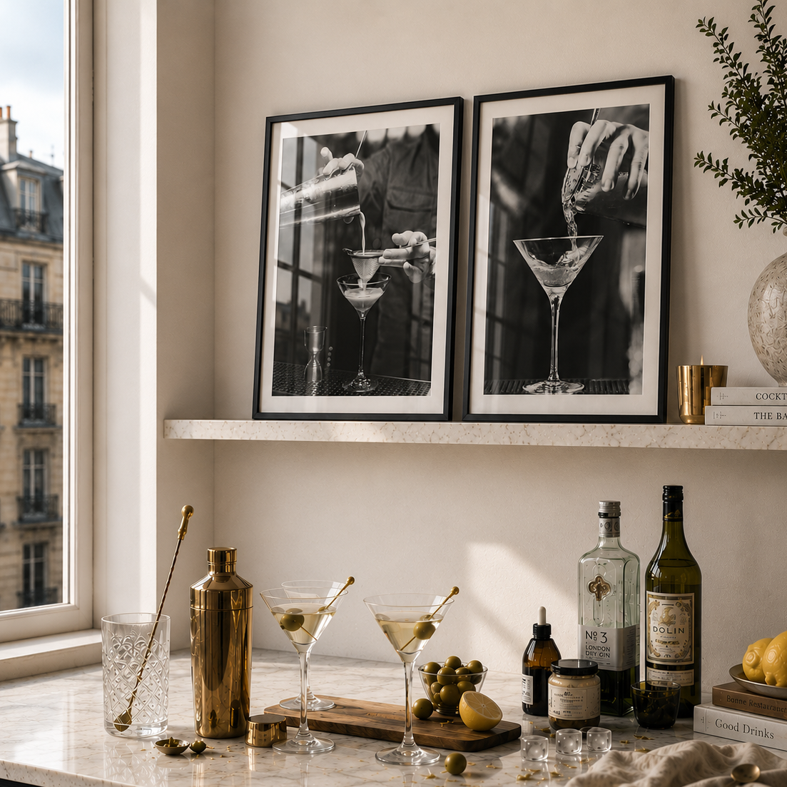 Bartender setup with bottles, glasses, and decor on a marble countertop.