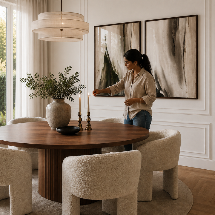 Woman arranging candles on a dining table in a stylish room with abstract art and decor.