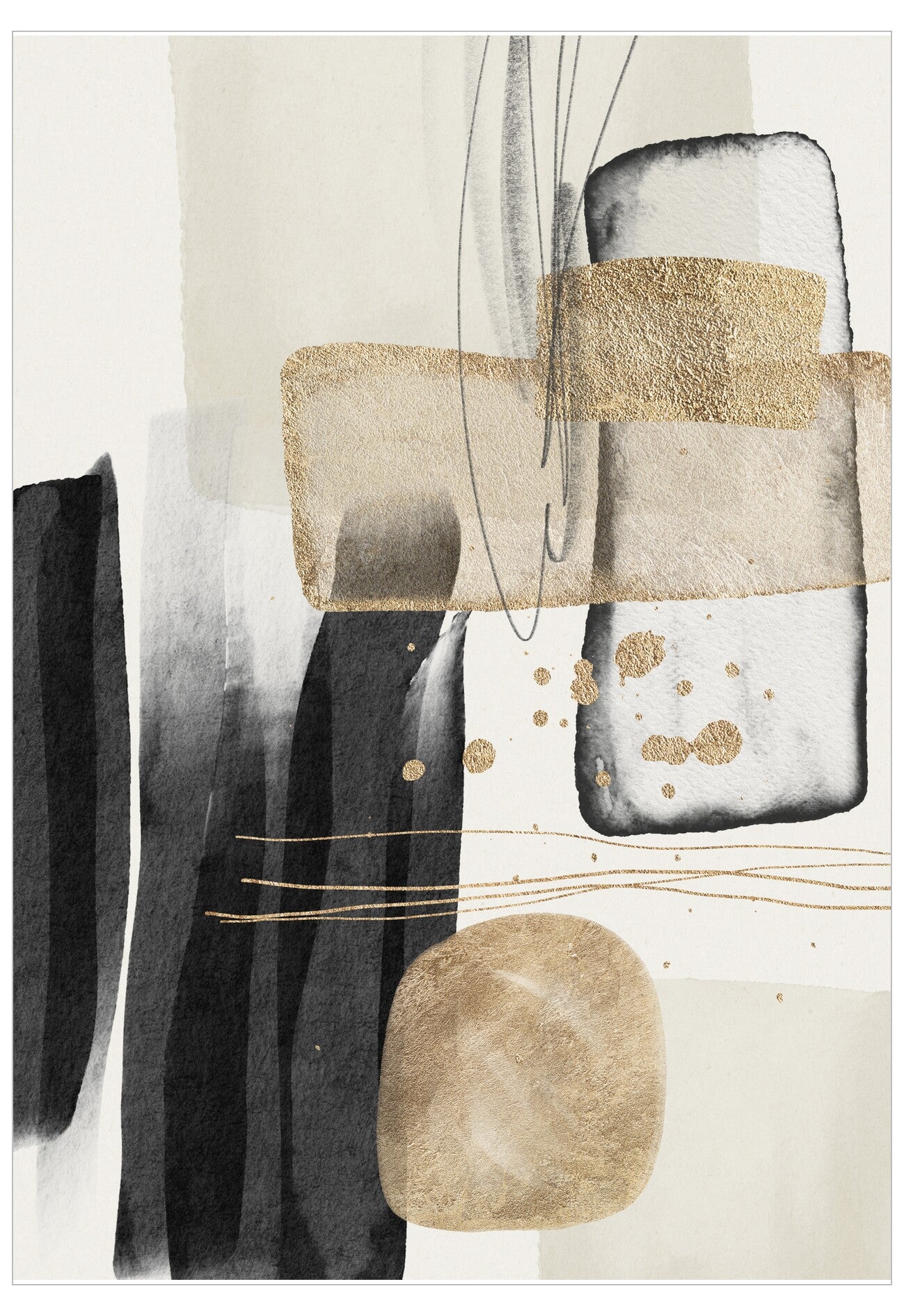 Abstract art piece with geometric shapes in black, gold, and beige on a white background