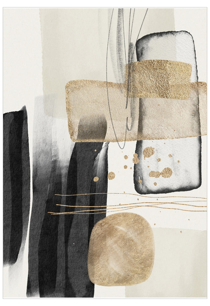 Abstract art piece with geometric shapes in black, gold, and beige on a white background