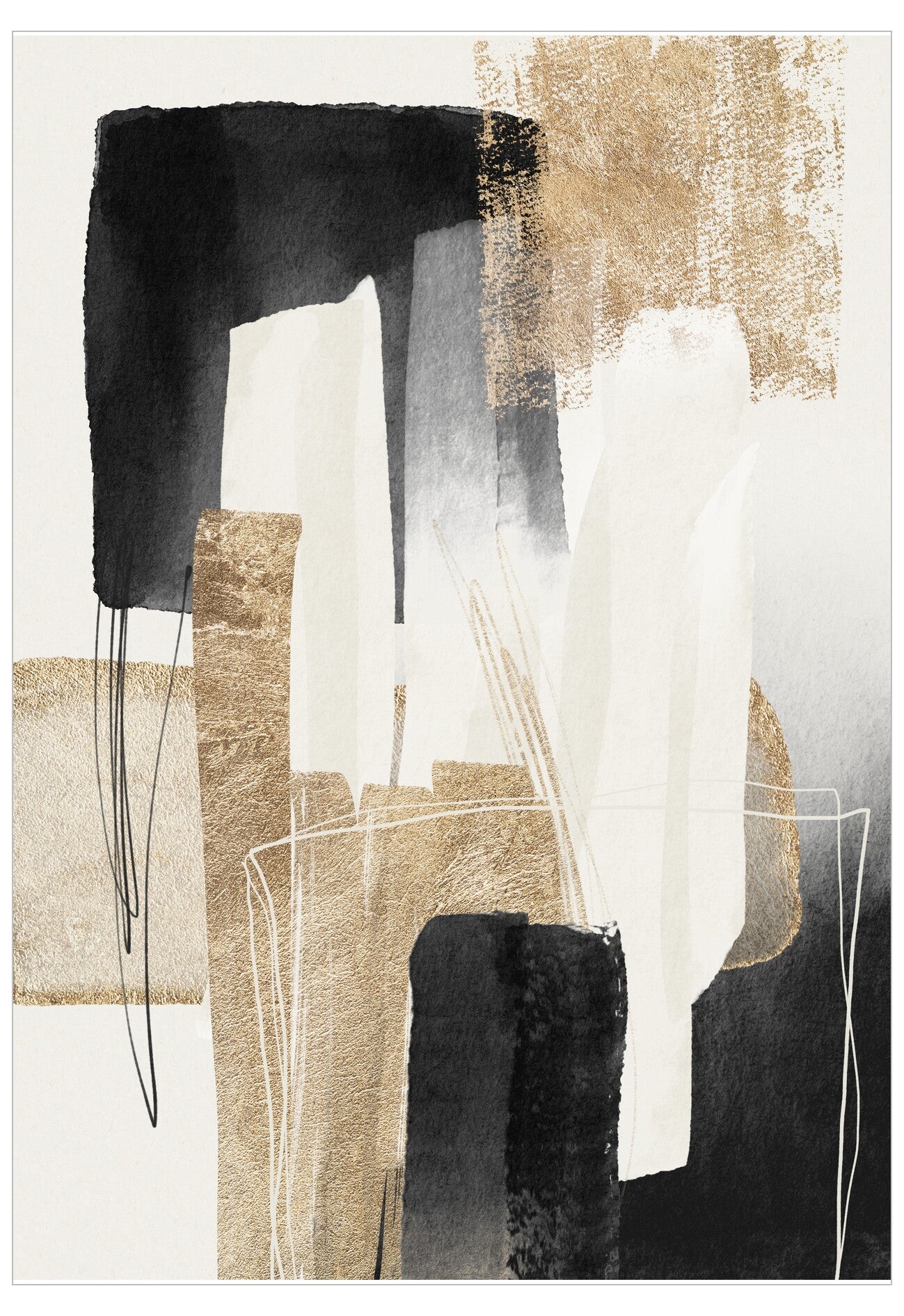 Abstract art piece with black, white, and beige brush strokes on a white background