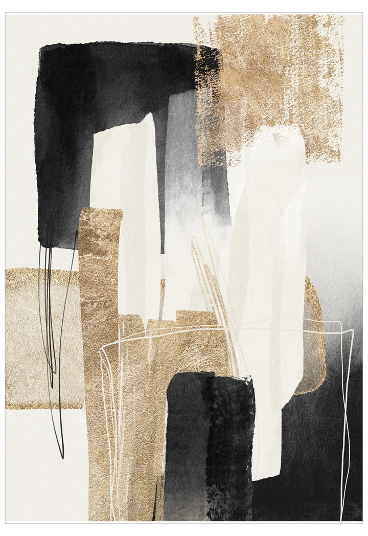 Abstract art piece with black, white, and beige brush strokes on a white background