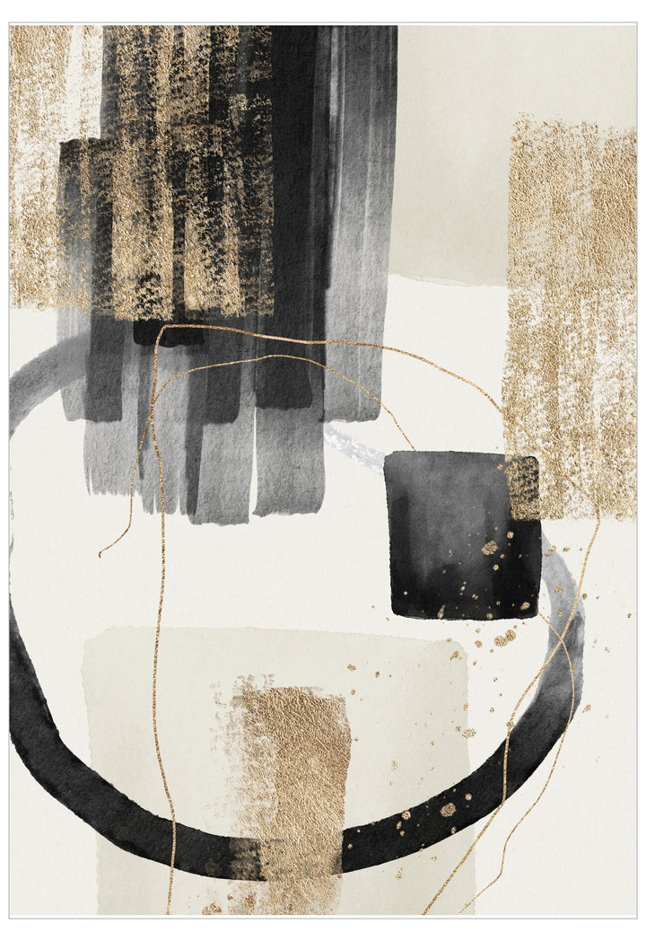 Abstract art piece with geometric shapes in black, gold, and gray on a white background