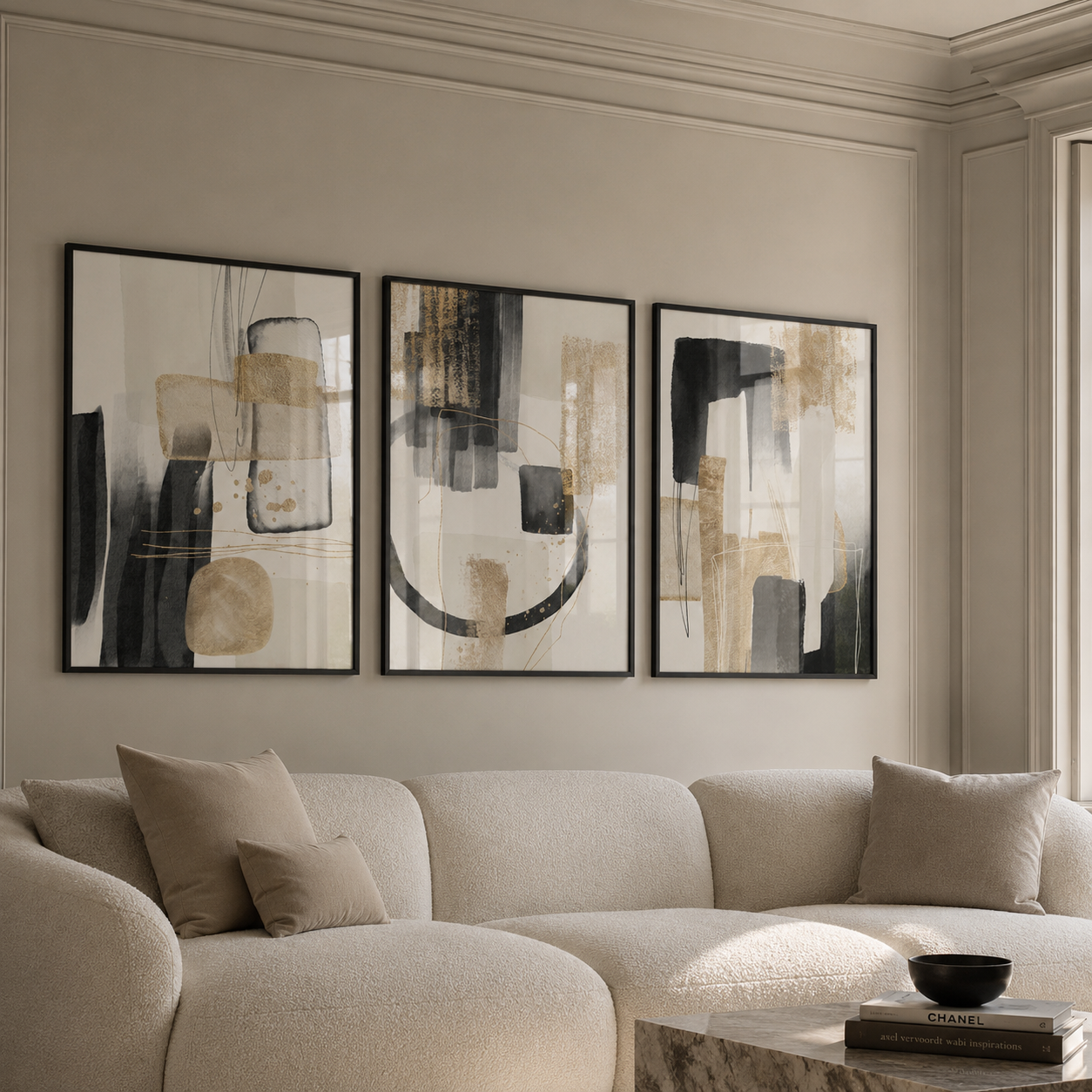 Three abstract art pieces on a wall above a beige sofa in a living room.