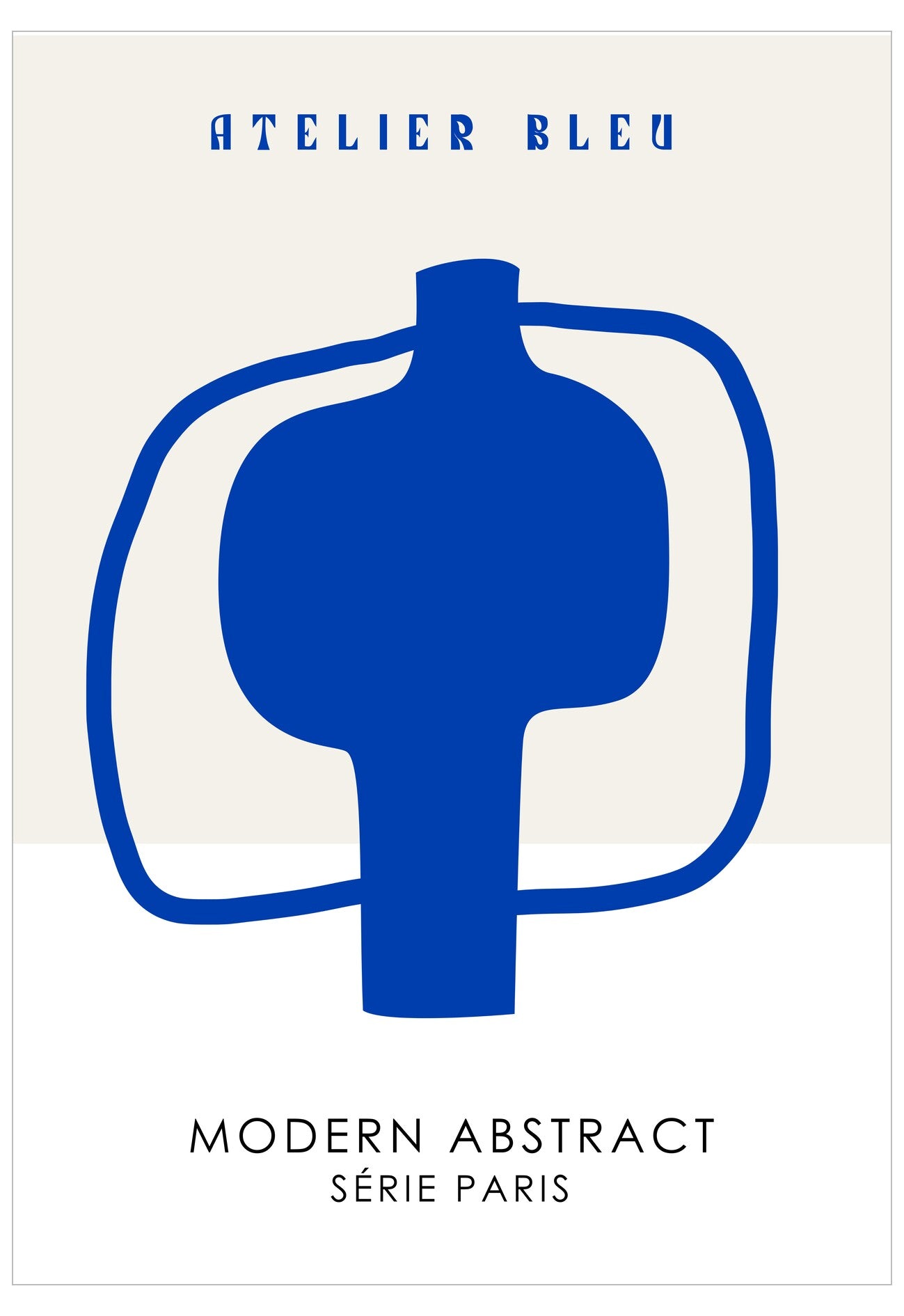 Blue abstract vase design with 'Atelier Bleu' branding on a beige background