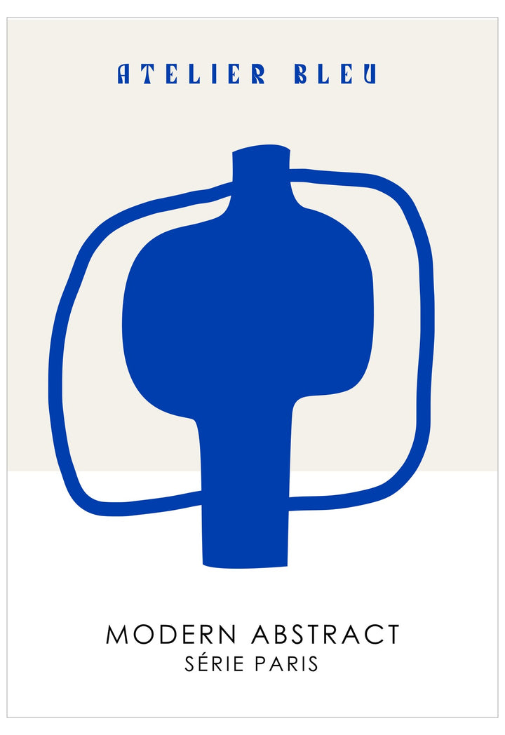 Blue abstract vase design with 'Atelier Bleu' branding on a beige background