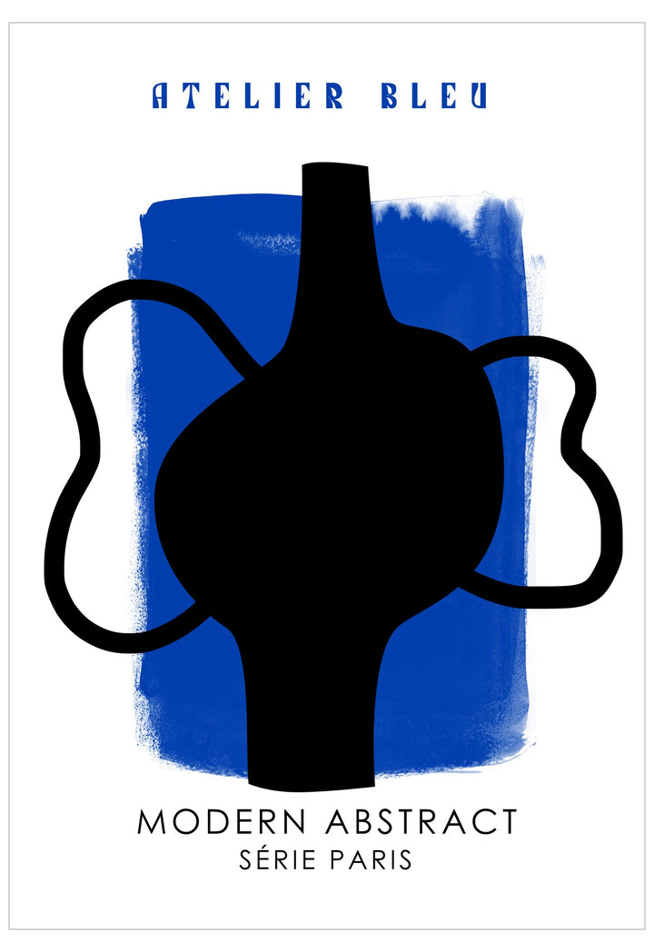Black abstract vase design with blue background and 'Atelier Bleu' branding