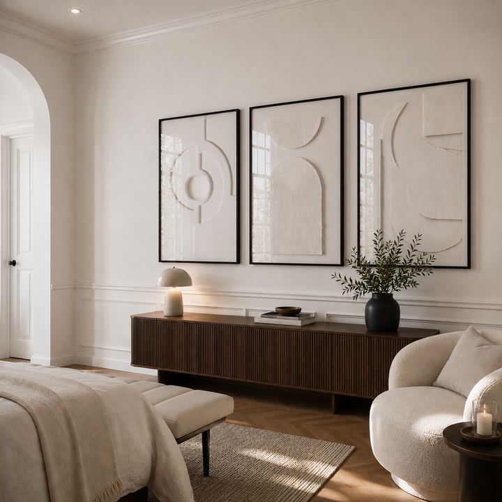 Modern living room with abstract wall art, a wooden console table, and a white armchair.