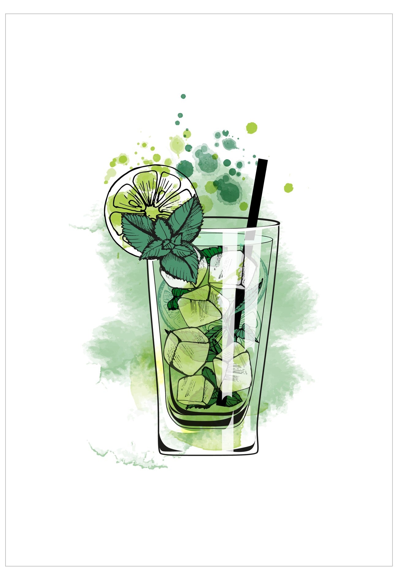 Illustration of a glass with a mojito cocktail, including lime slices and mint leaves, on a white background.