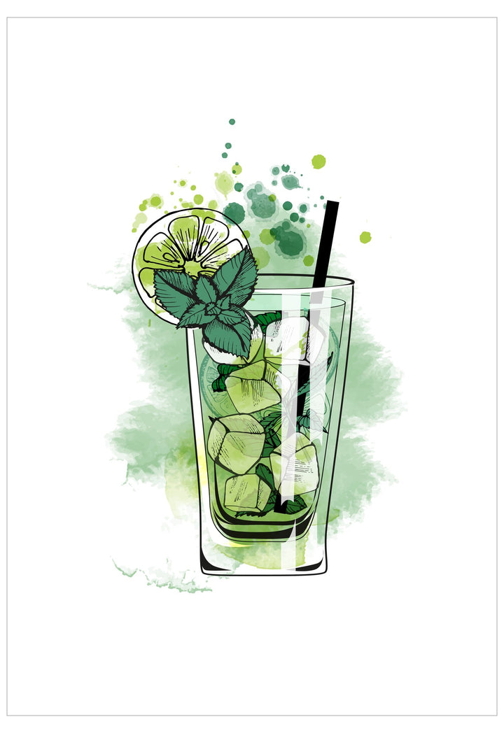 Illustration of a glass with a mojito cocktail, including lime slices and mint leaves, on a white background.