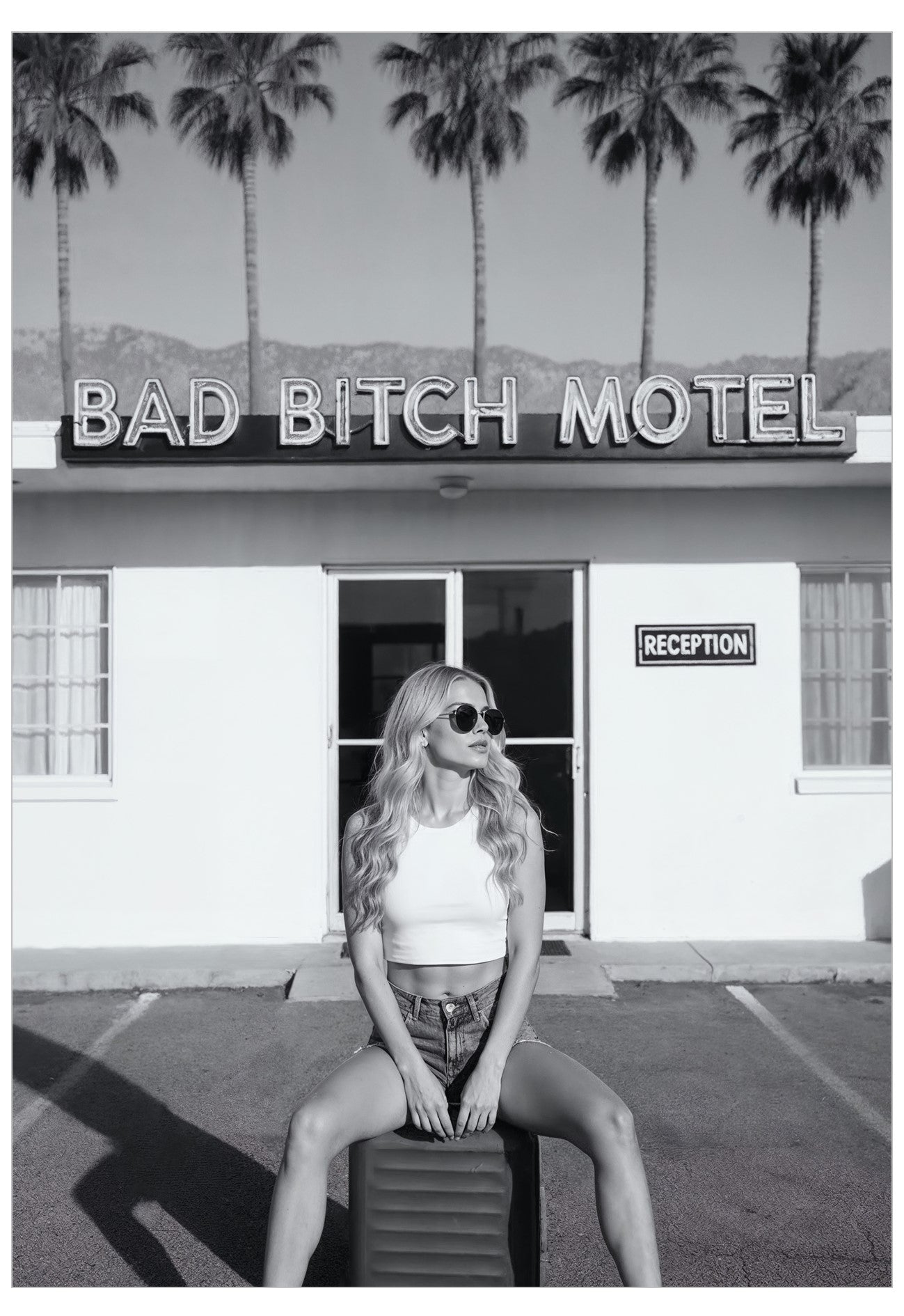Person sitting in front of a motel named 'Bad Bitch Motel' with palm trees in the background.