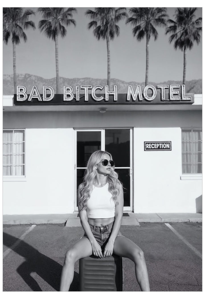Person sitting in front of a motel named 'Bad Bitch Motel' with palm trees in the background.