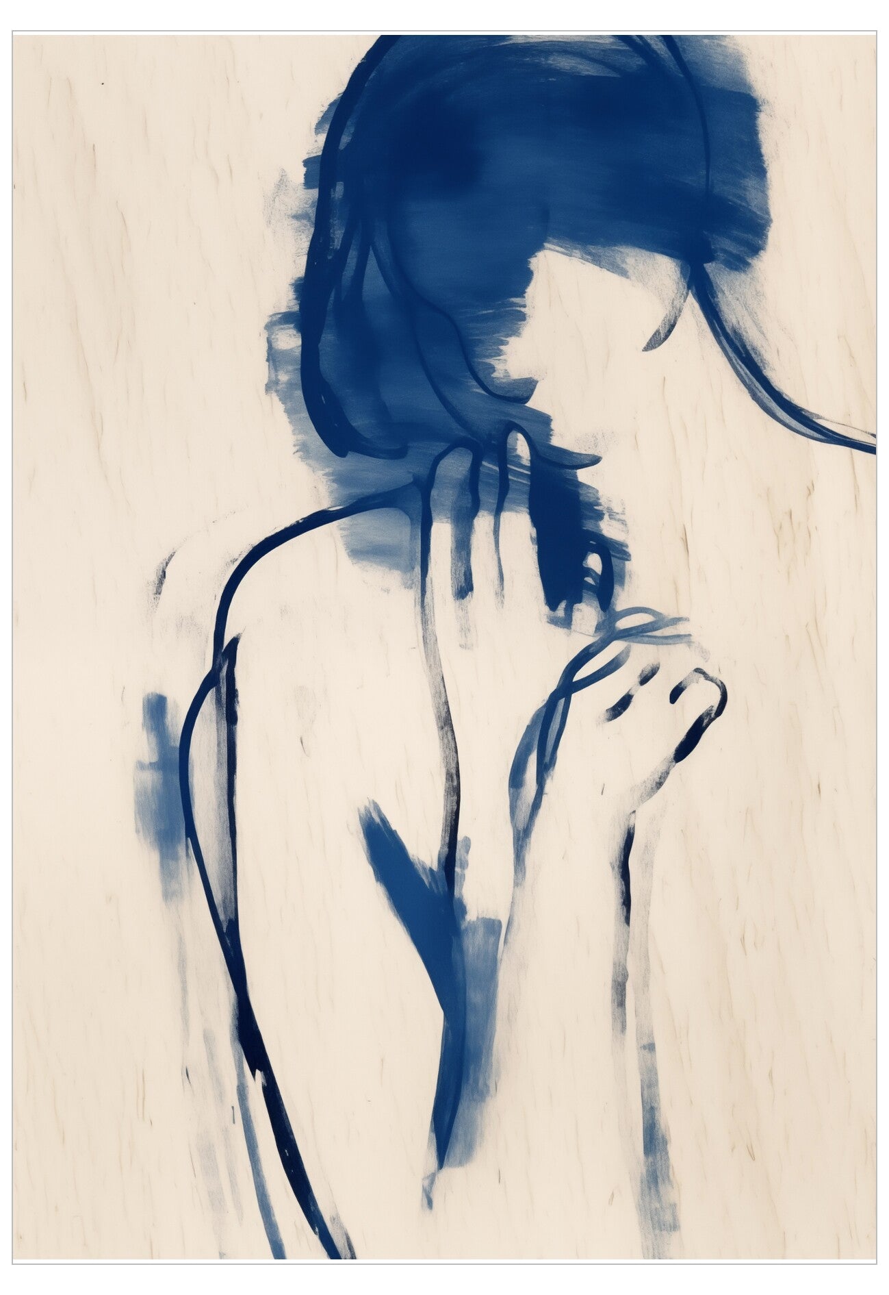 Artistic depiction of a woman with blue ink on a beige background