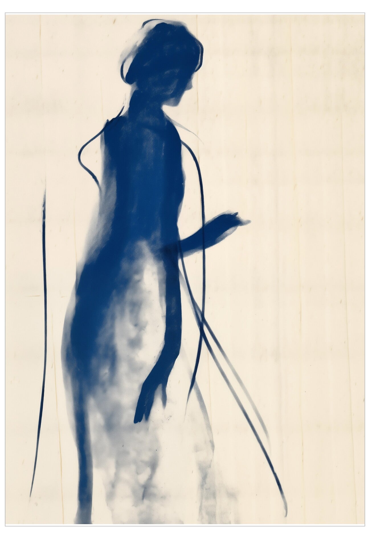 Blue silhouette of a person against a beige background