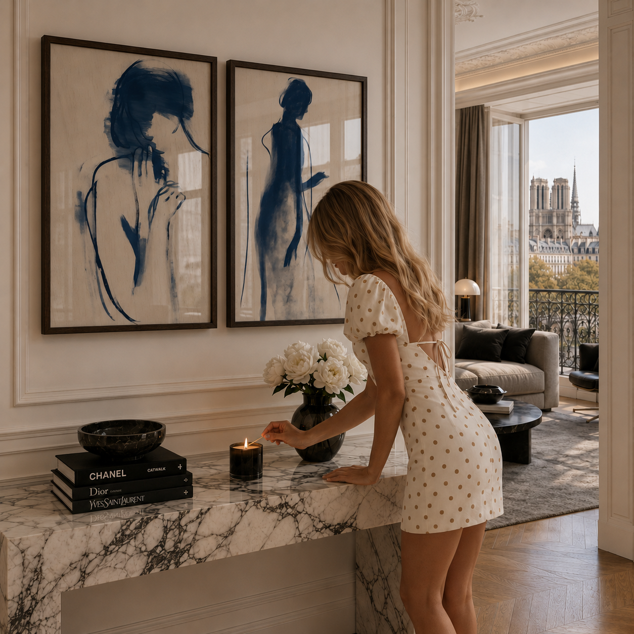 Woman in a stylish room with marble counter, candles, and framed art.