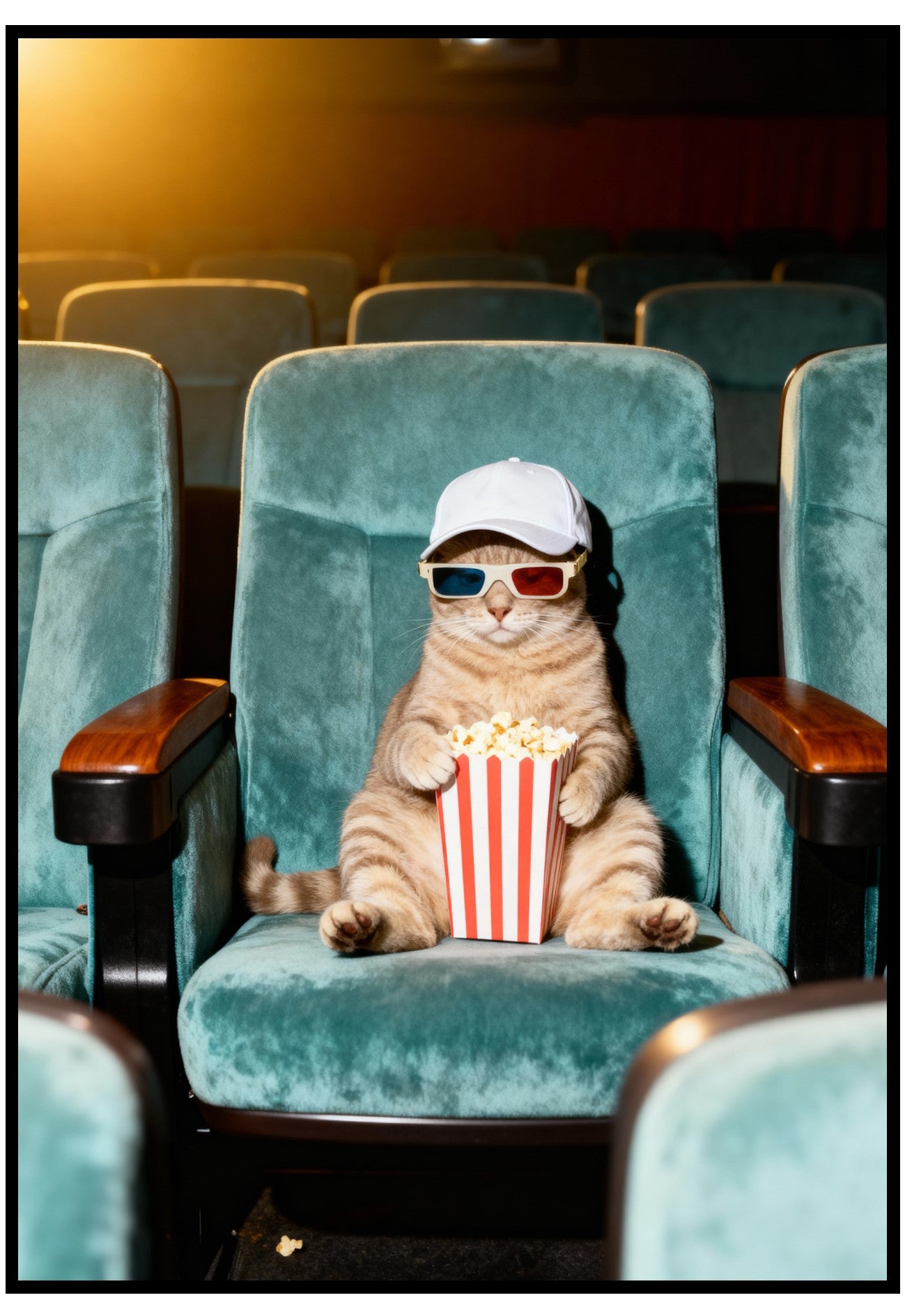 Cat in a movie theater with popcorn and 3D glasses