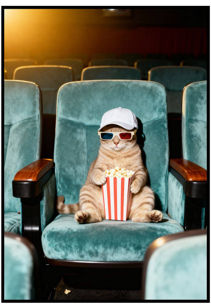 Cat in a movie theater with popcorn and 3D glasses