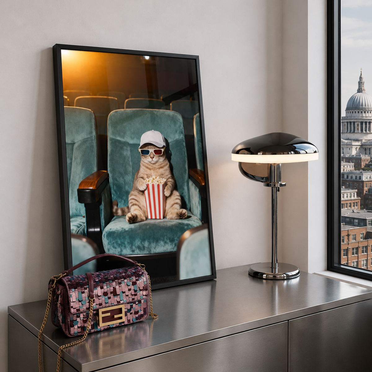 Framed picture of a cat in movie theater seats on a shelf with a lamp and fendi handbag.