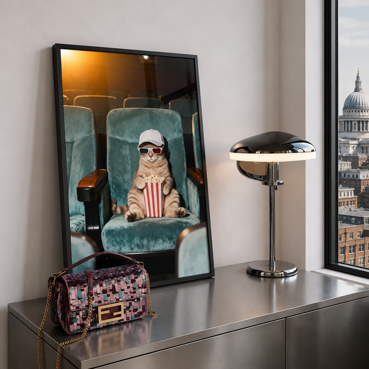 Framed picture of a cat in movie theater seats on a shelf with a lamp and fendi handbag.