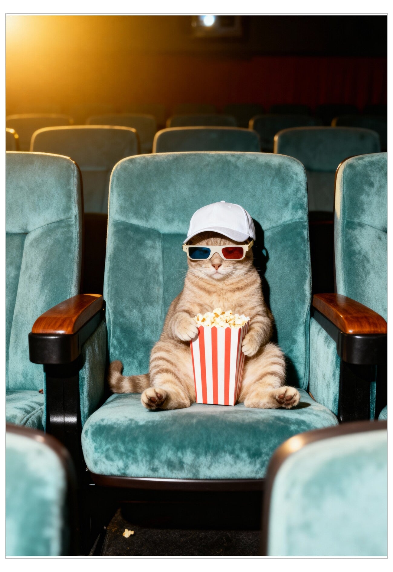 Cat in a movie theater with 3D glasses and popcorn