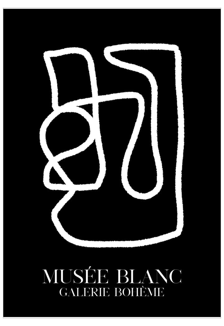 Abstract white line art on a black background with 'Musée Blanc Galerie Bohème' text.