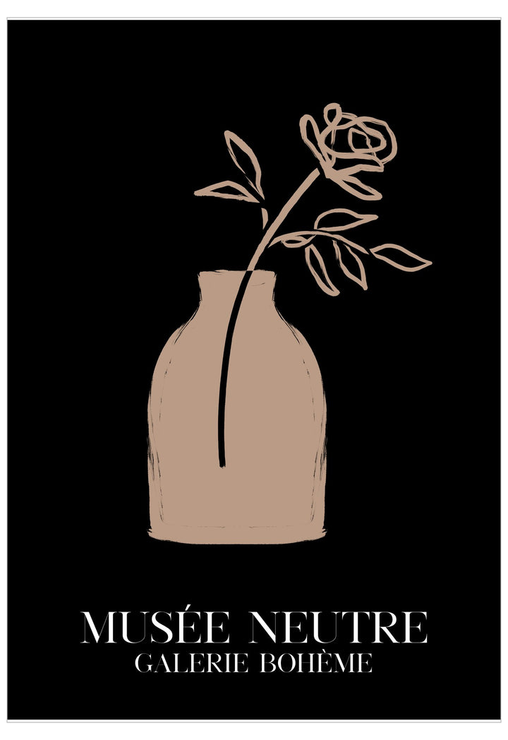 Illustration of a vase with a rose on a black background, featuring the text 'Musée Neutre Galerie Bohème'.