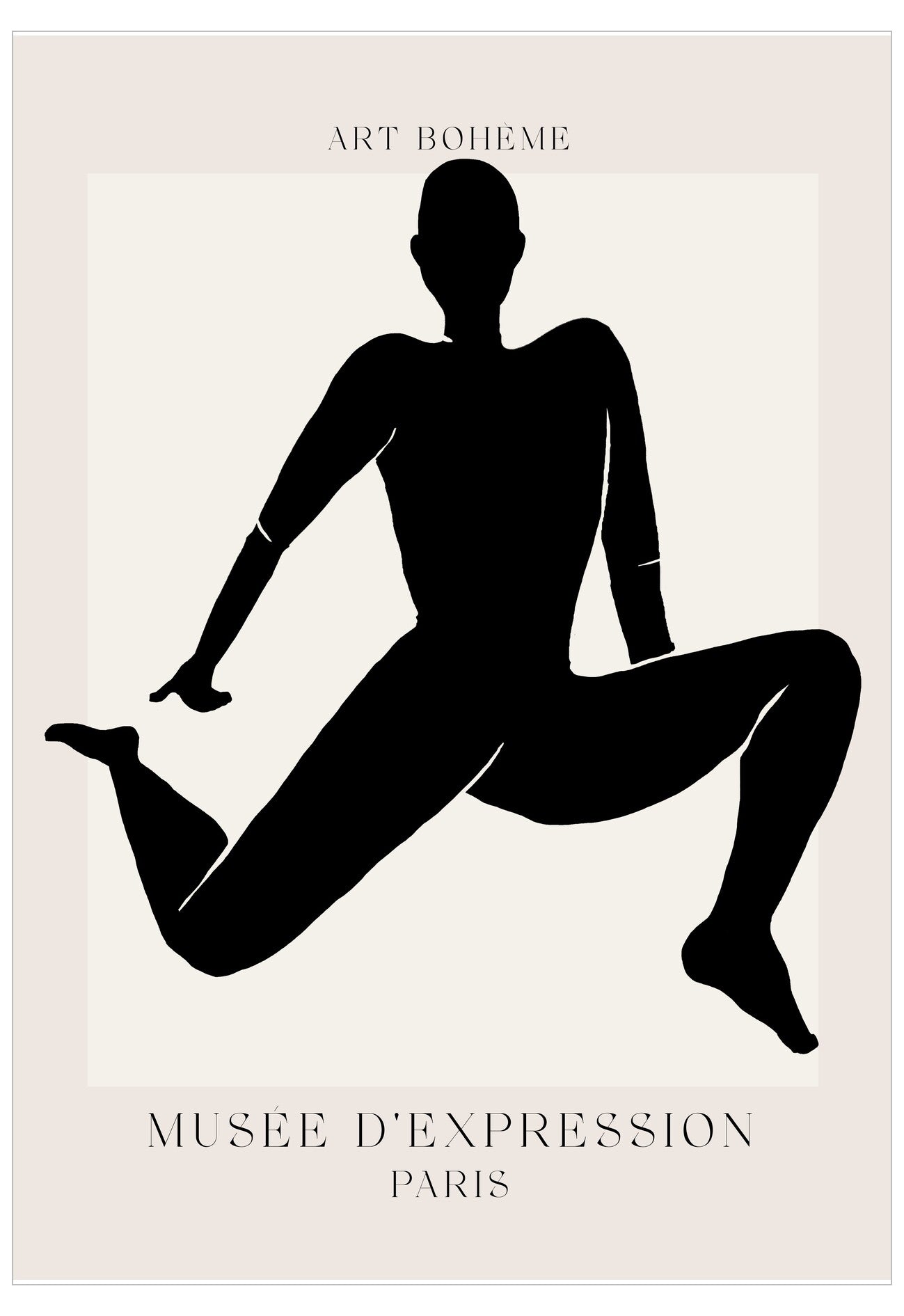 Black silhouette of a person in a dynamic pose on a beige background with text 'Art Bohème' and 'Museée d'Expression Paris'.