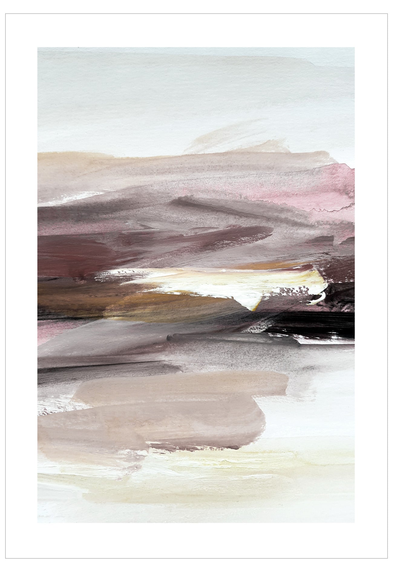 Abstract art with brush strokes in various shades of brown, beige, and pink on a light gray background.