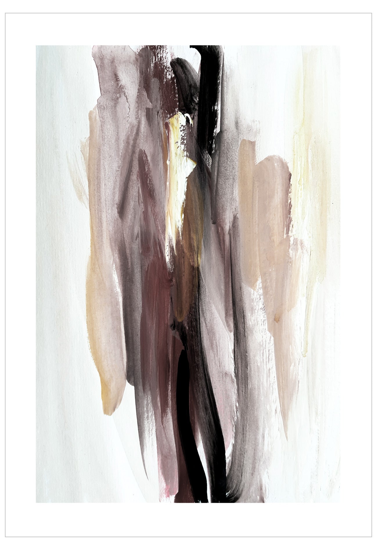 Abstract art with brush strokes in brown, black, and beige on a light background