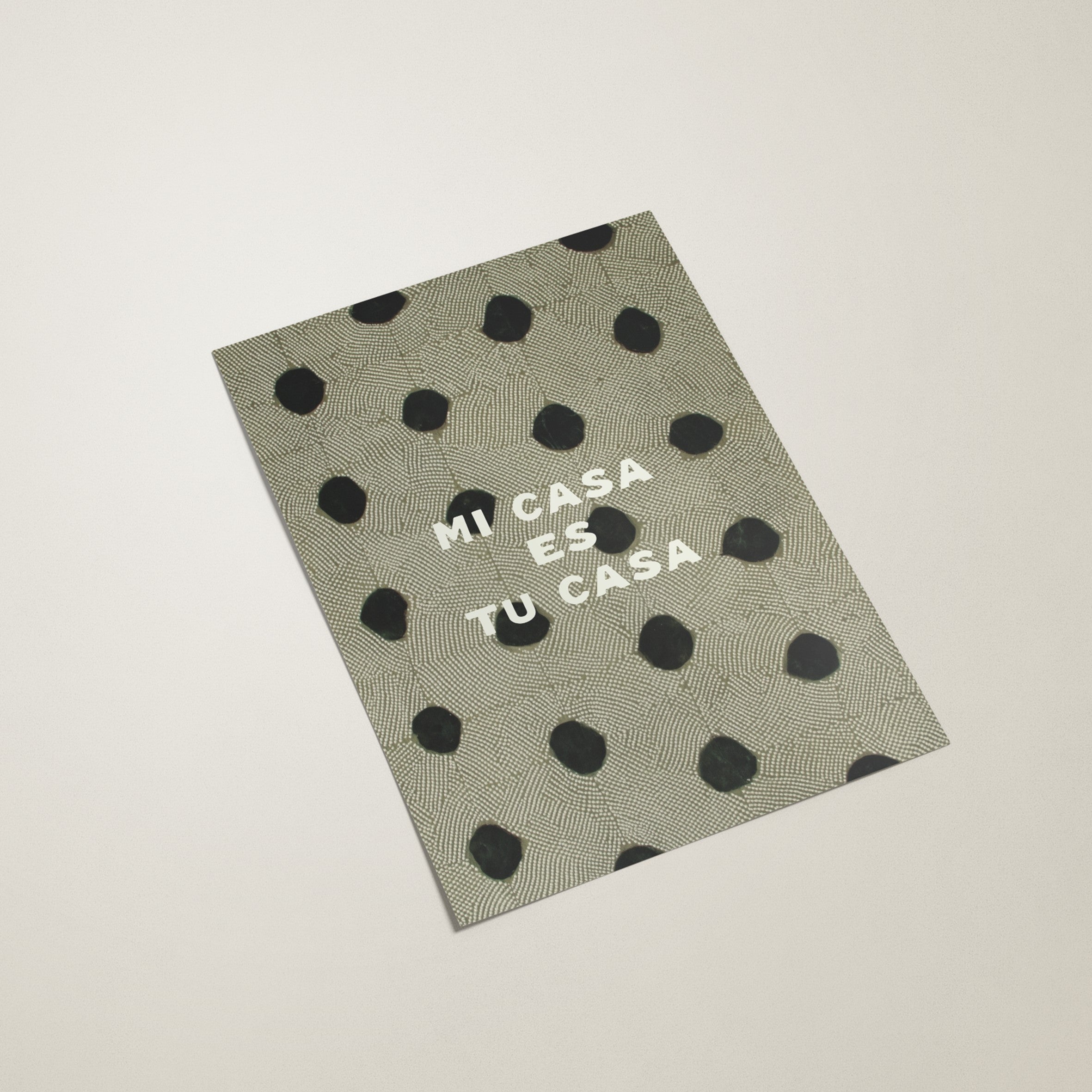 Poster with polka dot pattern and text on a light gray background