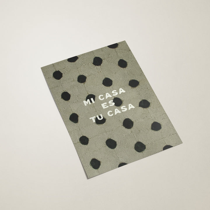 Poster with polka dot pattern and text on a light gray background