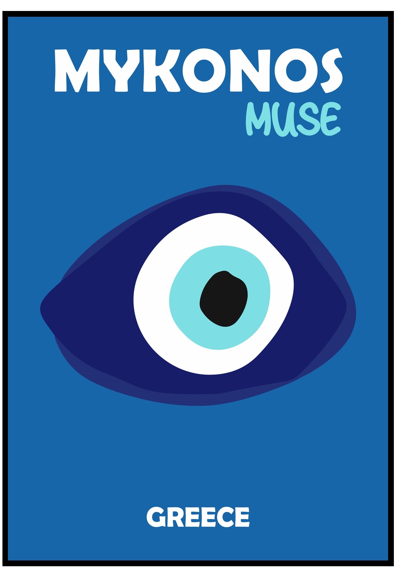 Poster for Mykonos Muse with a stylized eye design on a blue background