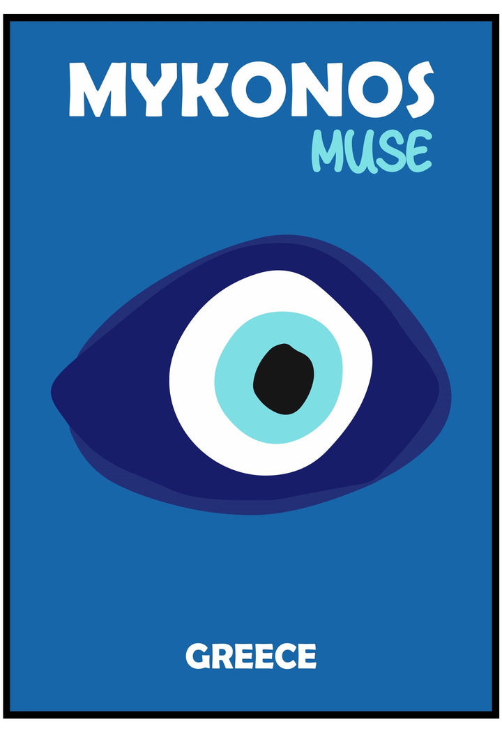 Poster for Mykonos Muse with a stylized eye design on a blue background