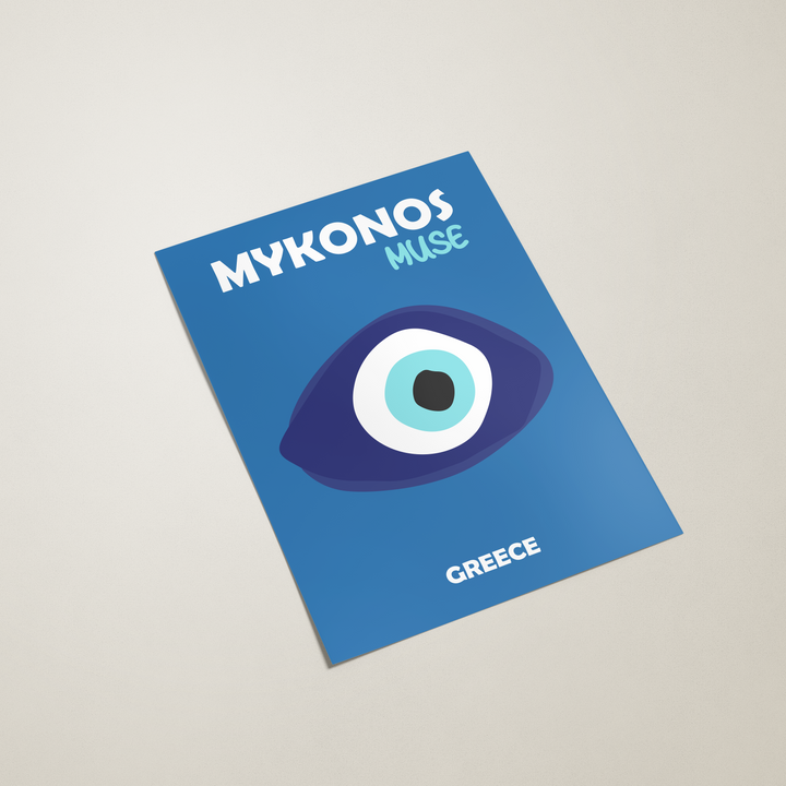 Blue poster titled 'Mykonos Muse Greece' on a light gray background