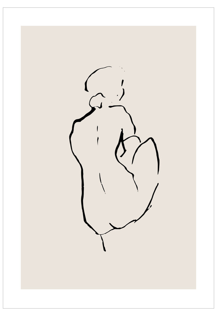 Line drawing of a nude figure on a beige background