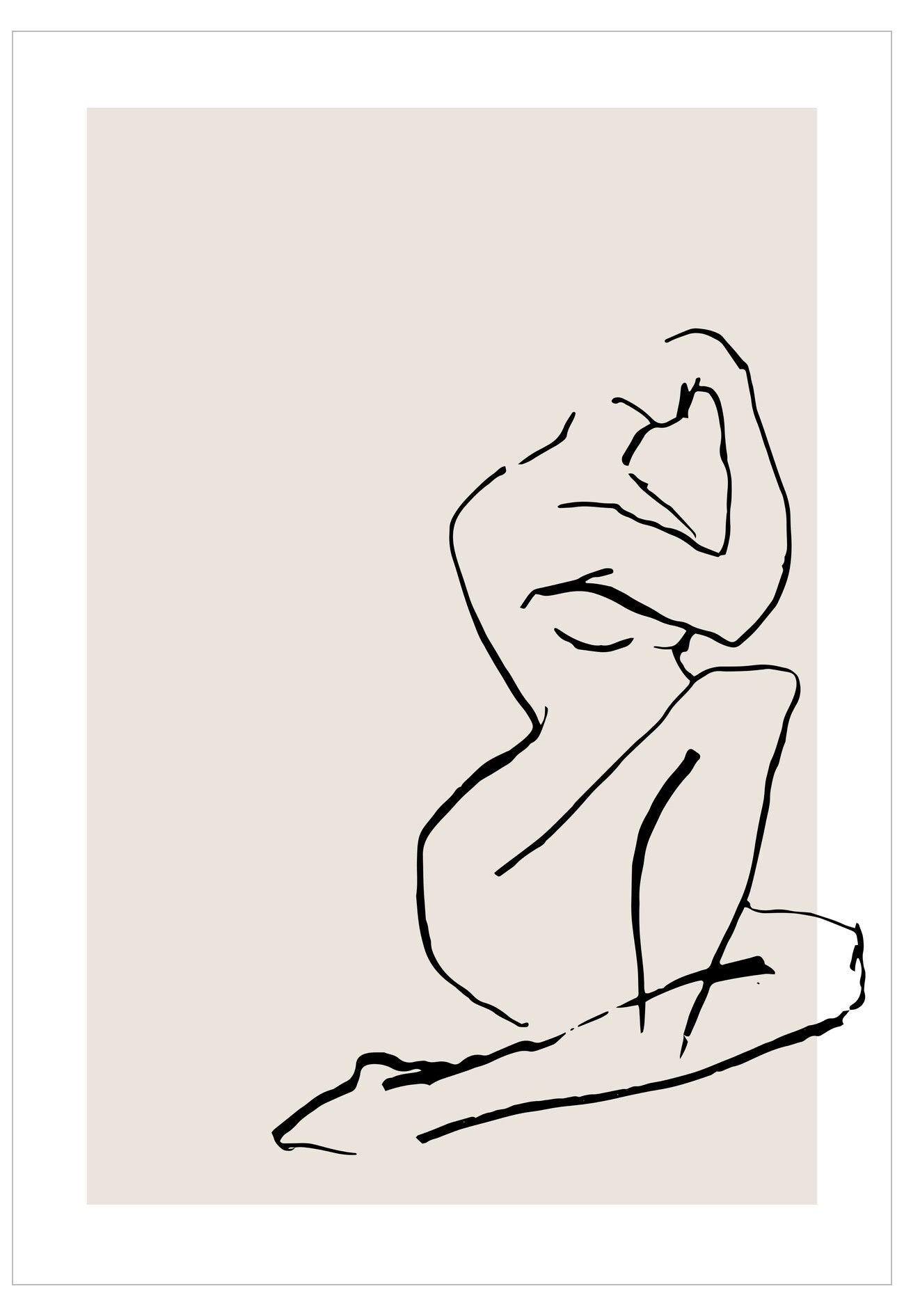 Black line art of a nude figure on a beige background
