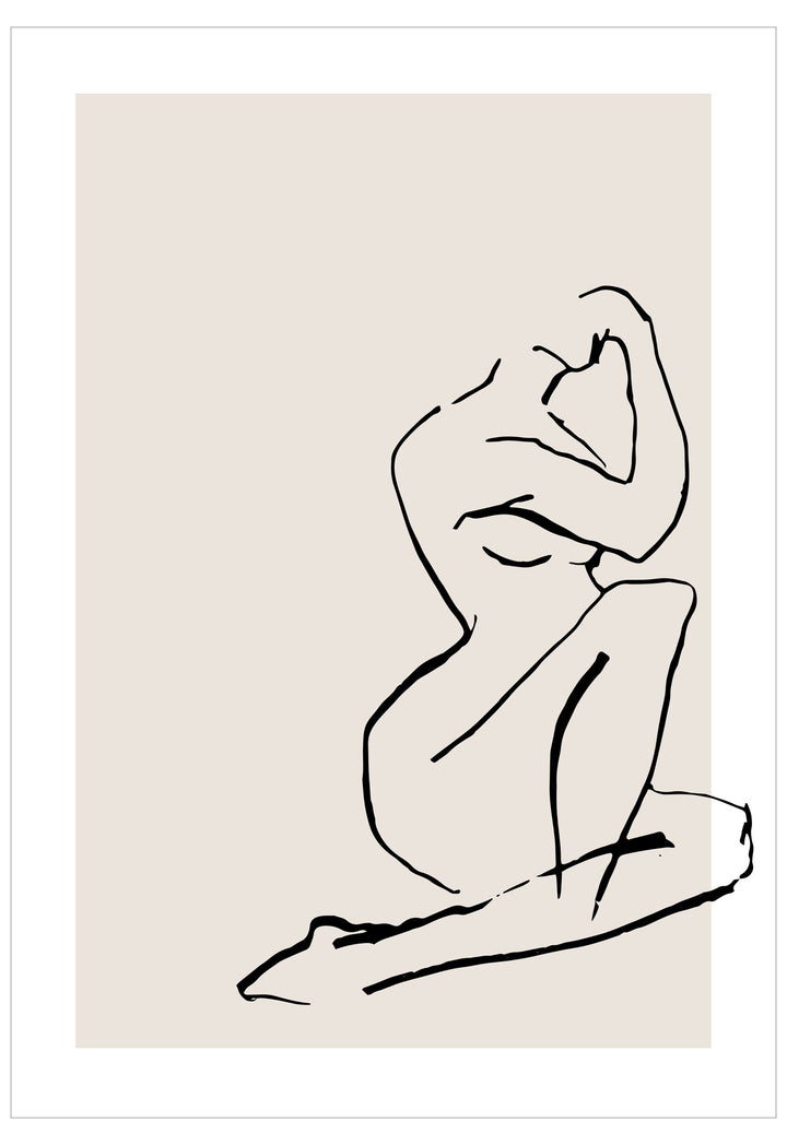 Black line art of a nude figure on a beige background