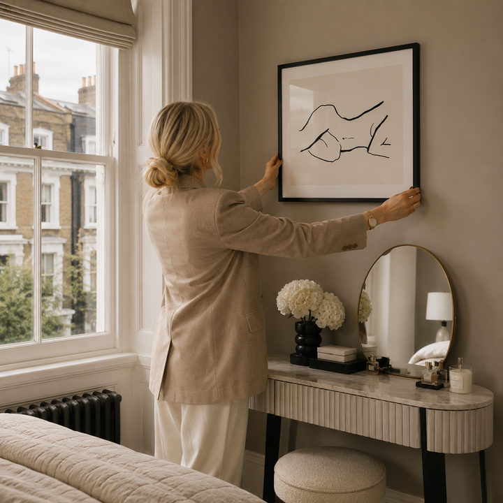 Woman hanging a framed artwork on a wall in a stylish room.