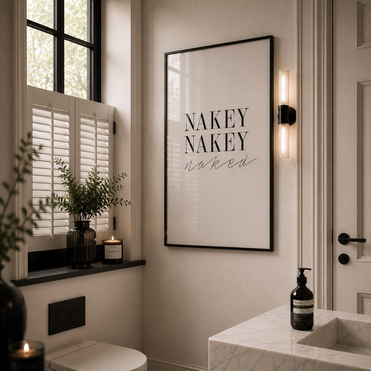 Nakey Nakey Naked wall art poster in a luxury toilet