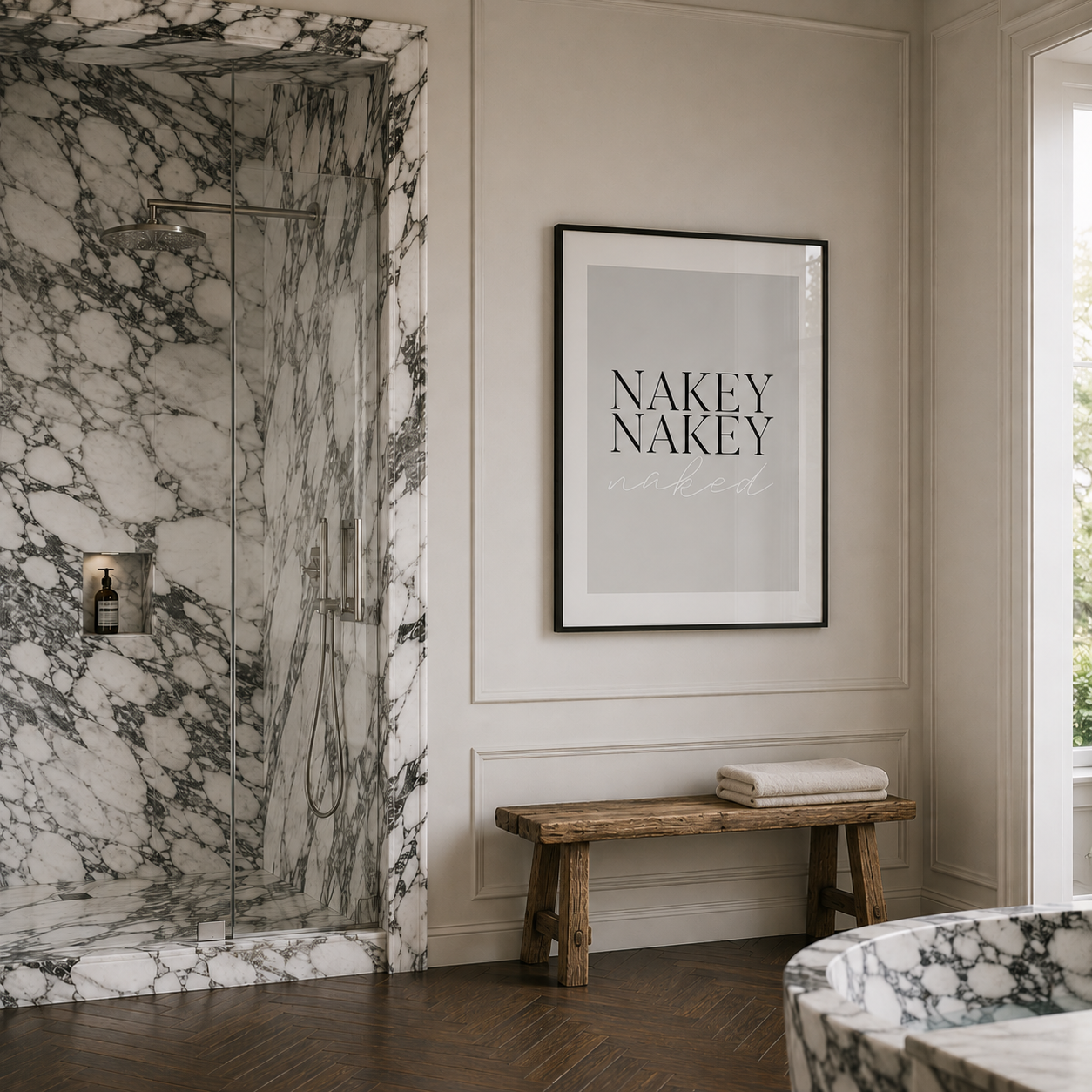Modern bathroom with marble shower, wooden bench, and framed art on the wall.