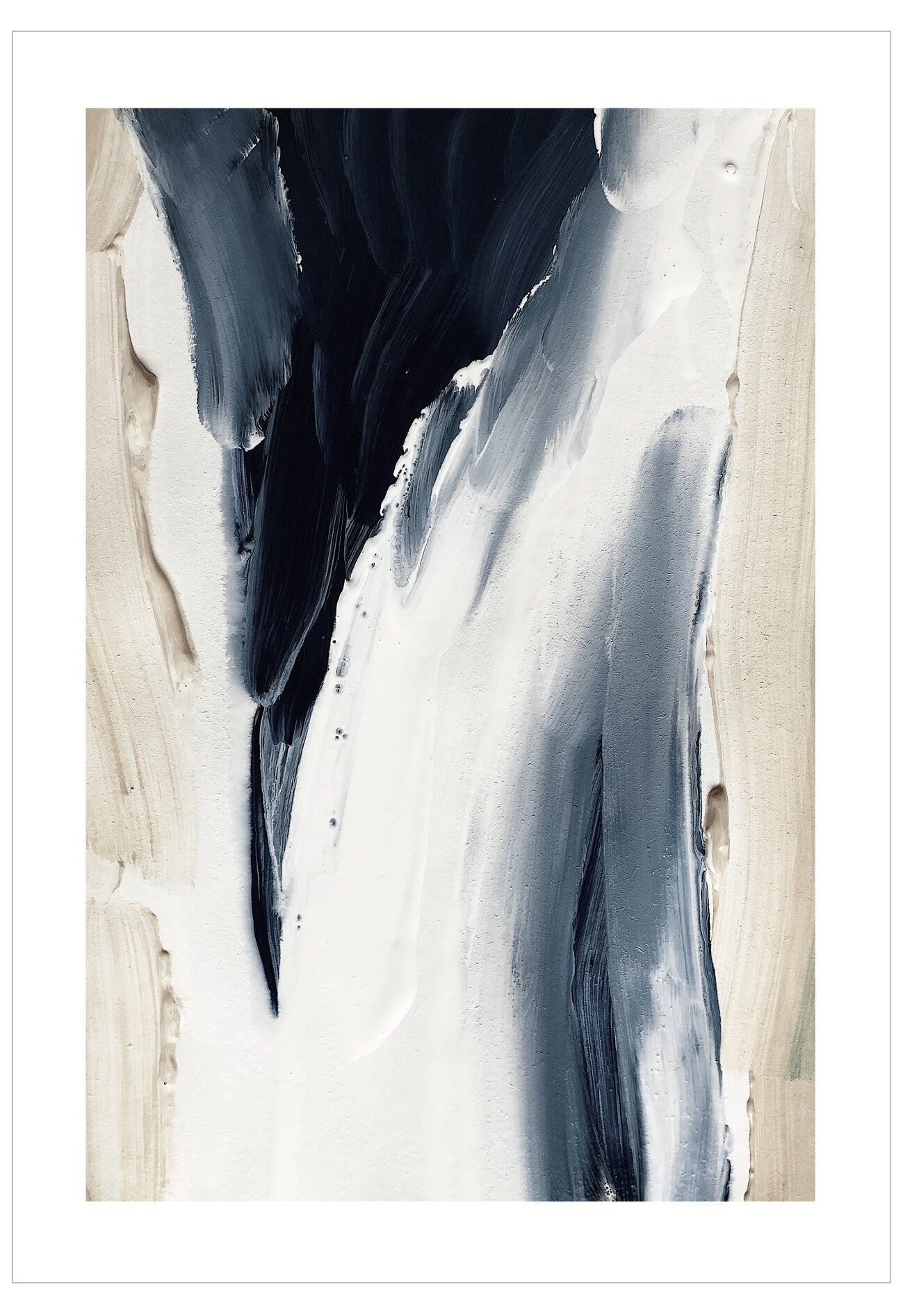 Abstract art piece with black and white brush strokes on a textured background