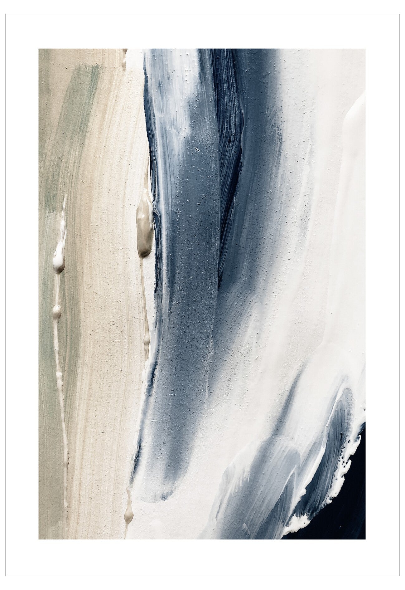 Abstract art with brush strokes in blue, white, and beige on a white background