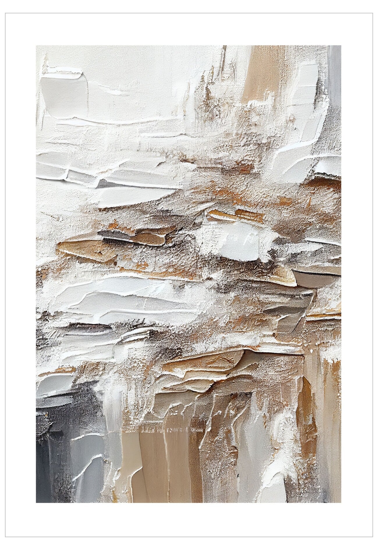 Abstract art piece with textured brush strokes in neutral colors on a white background