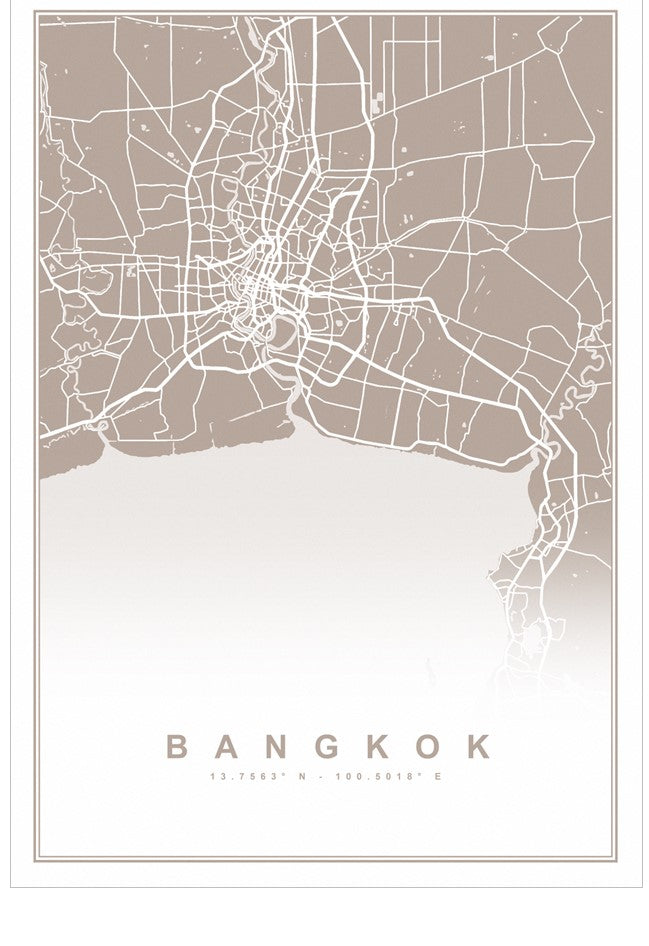 City map of Bangkok with a beige color scheme on a white background