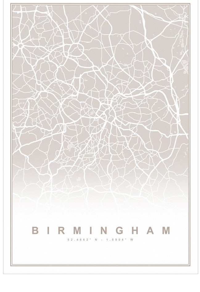 City map of Birmingham with a light gray background