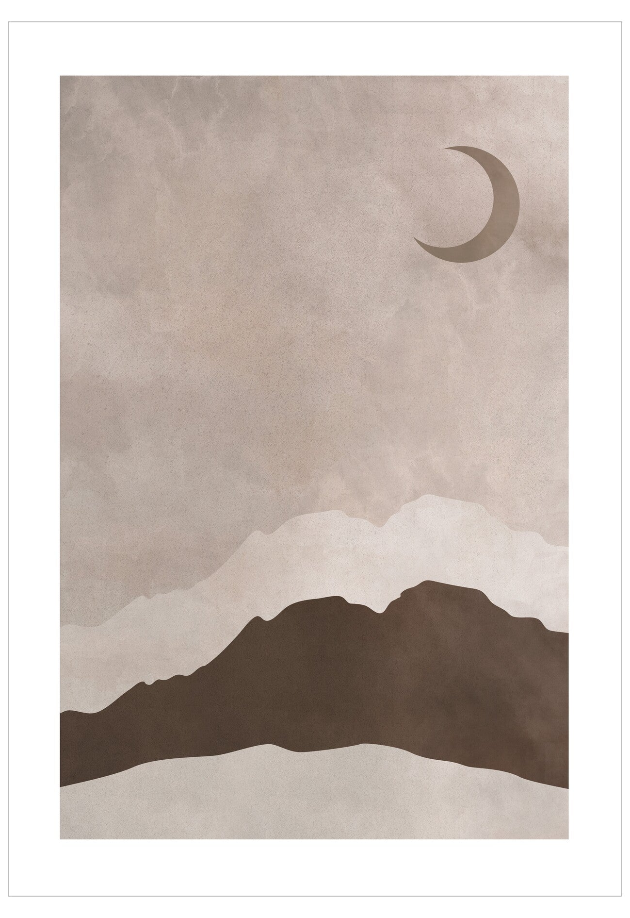 Minimalist design with mountains and a crescent moon on a beige background
