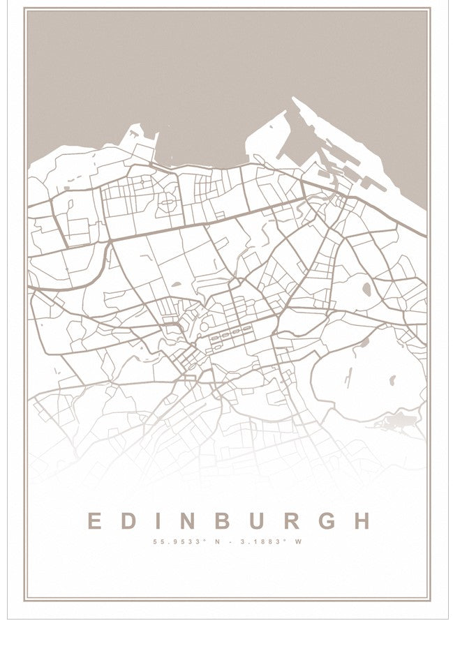 Map of Edinburgh in white on a beige background