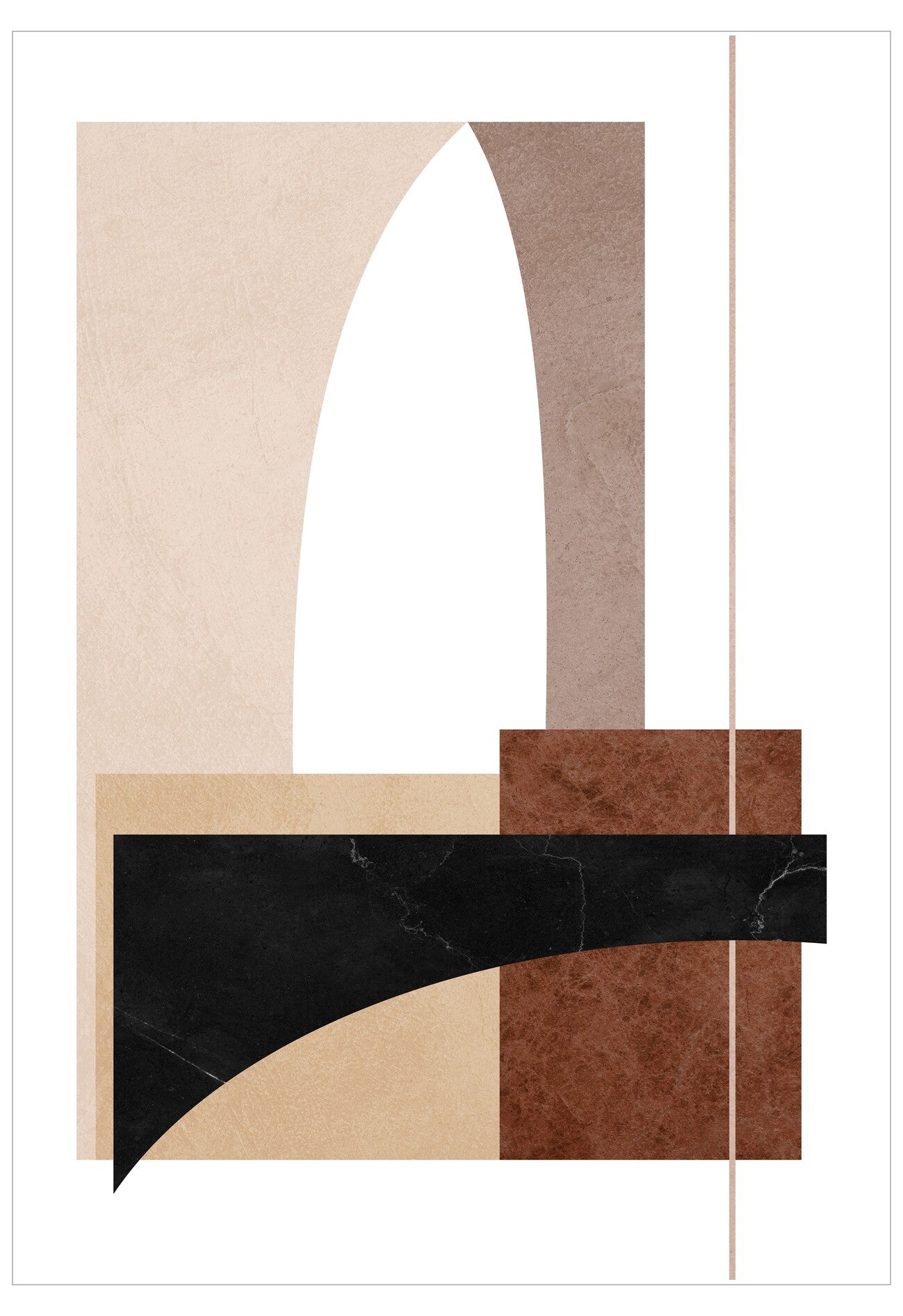 Abstract art piece with geometric shapes in beige, brown, and black on a white background