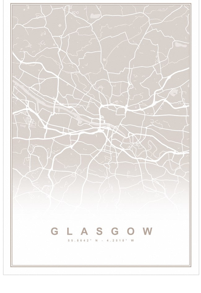 Map of Glasgow with a light gray background