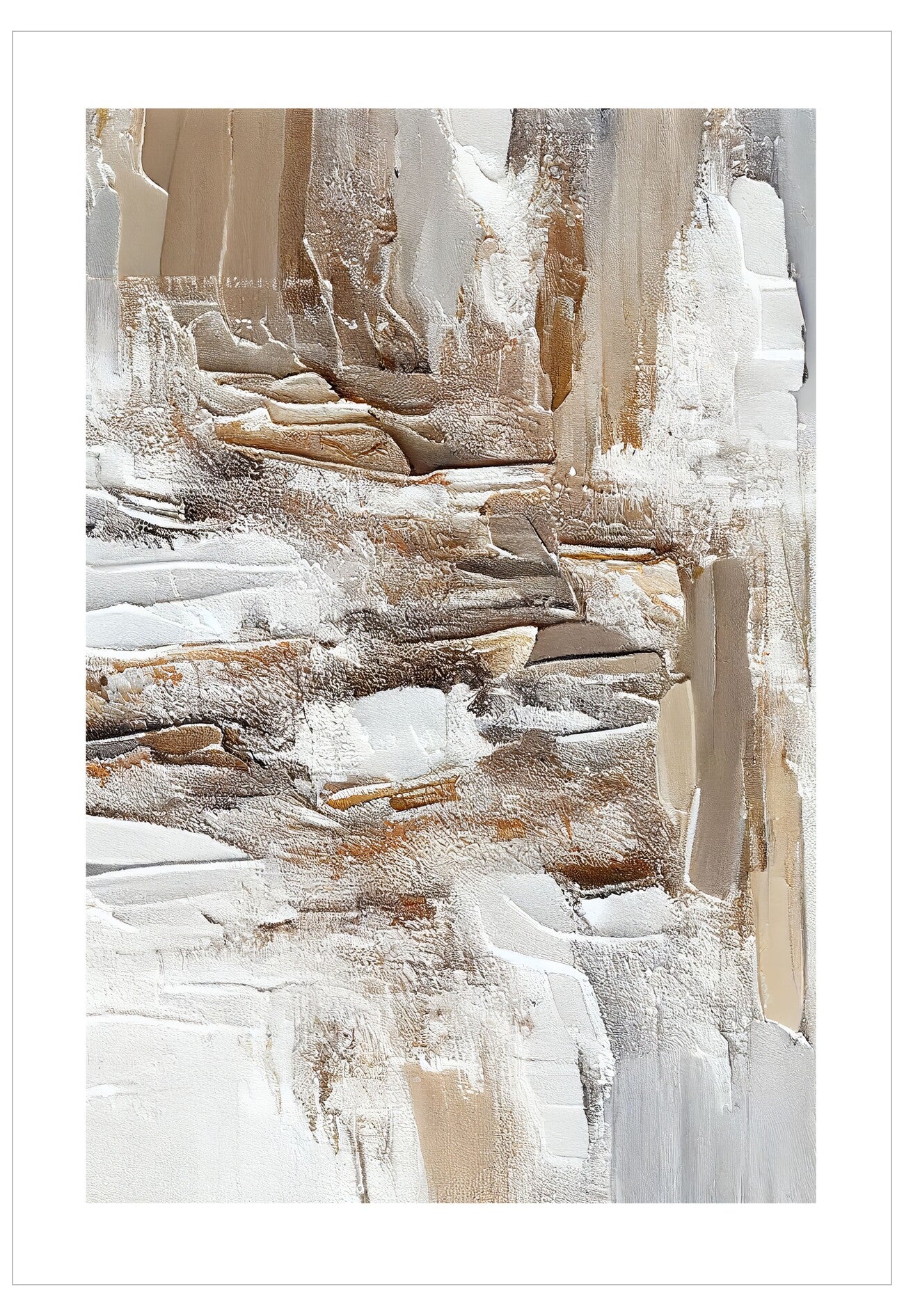Abstract art piece with beige, brown, and white colors on a white background